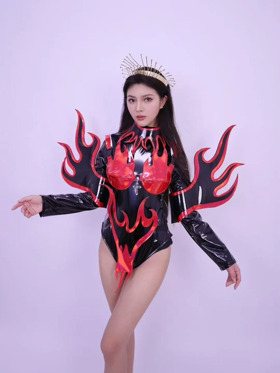 Flame Patent Leather Bodysuit & Sculpted Wing Shoulders 2-Piece Stage Costume Set