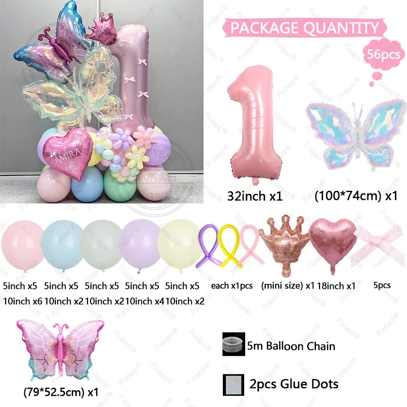 56pcs Colorful Butterfly Love Balloon Pink Number Birthday Balloon Set Festival Party Decoration Children's Baptismal Supplies