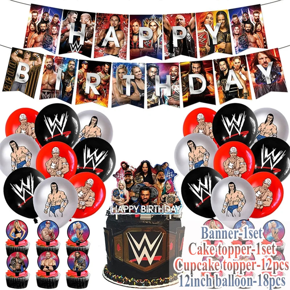 Sport-&Wrestling&Triathlon Boys Birthday Party Supplies Decor Boxing Match Balloon Cake Topper Banner Backdrop Baby Shower Props
