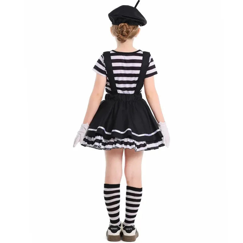 Girls Silent Actor Mime Artist Costume Funny Black White Clown Cosplay Dress for Halloween Carnival Party Outfits - Big Tim's Magic Emporium