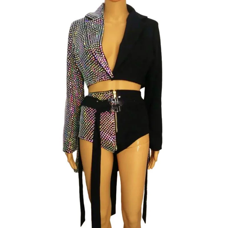 Sparkly Rhinestones Blazers Shorts Sexy 2 Pieces Set DJ Women Singer Nightclub Bar Concert Dance Costume Party Show Rave Outfit