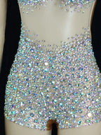 Luxurious AB Crystal Rhinestone Stage Dance Costume Illusion Romper