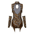 Leopard Cutout Bodysuit & Fringe Sleeves 2-Piece Latin Ballroom Stage Costume Set