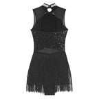 Women Sequins Diamond Latin Jazz Dance Costume Sleeveless Cutout Back Flowy Tassel Dress Leotard Tango Cha-Cha Samba Dancewear