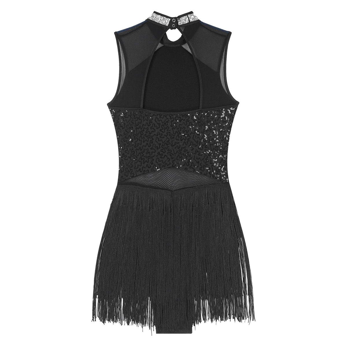 Women Sequins Diamond Latin Jazz Dance Costume Sleeveless Cutout Back Flowy Tassel Dress Leotard Tango Cha-Cha Samba Dancewear