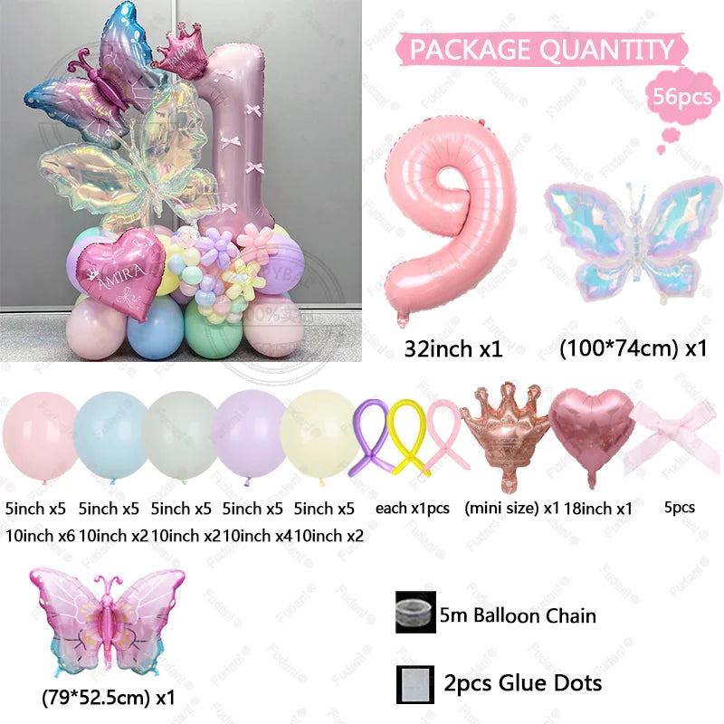56pcs Colorful Butterfly Love Balloon Pink Number Birthday Balloon Set Festival Party Decoration Children's Baptismal Supplies