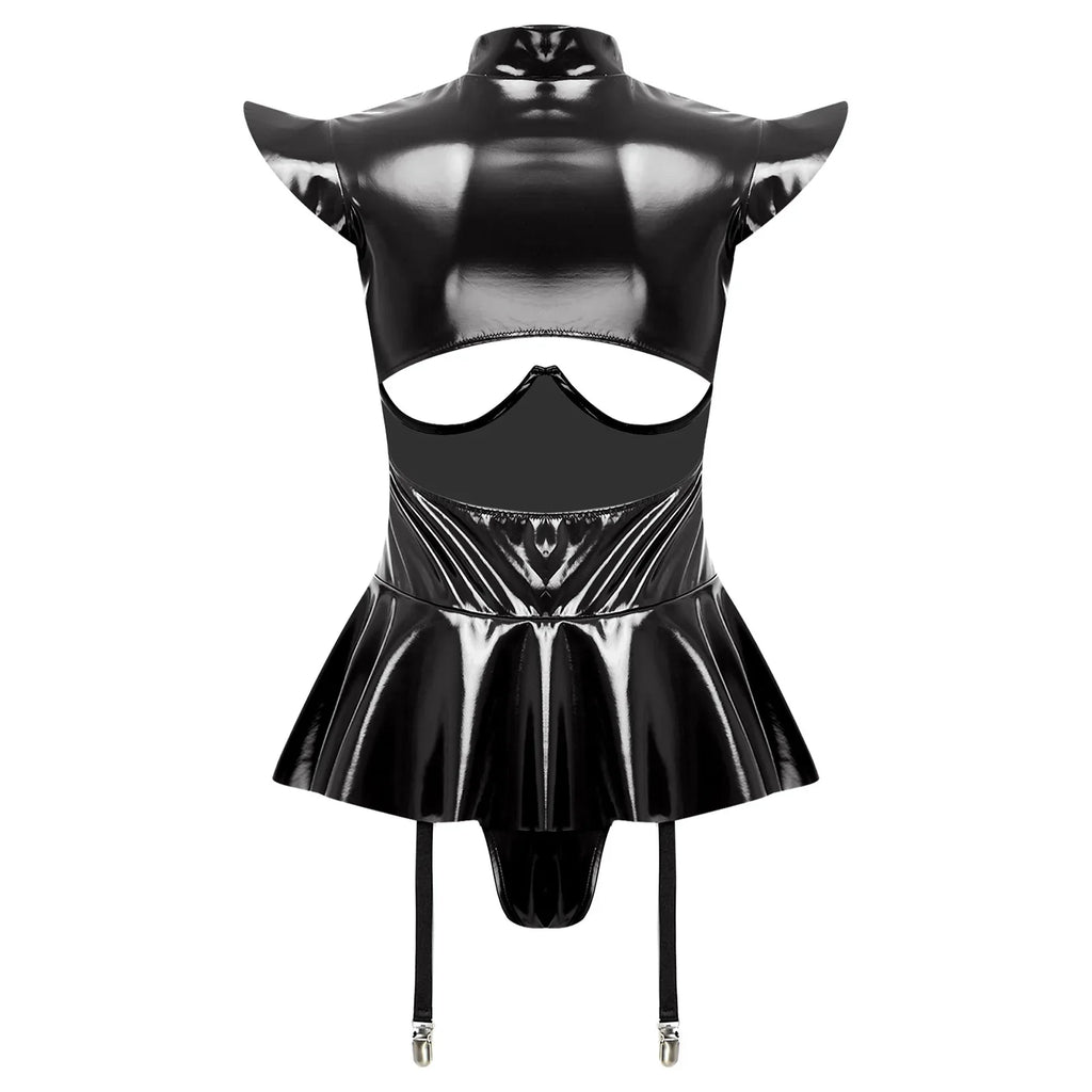 Glossy Wet-Look Halter Romper Bodysuit with Flared Skirt Hem & Integrated Garters