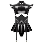 Glossy Wet-Look Halter Romper Bodysuit with Flared Skirt Hem & Integrated Garters