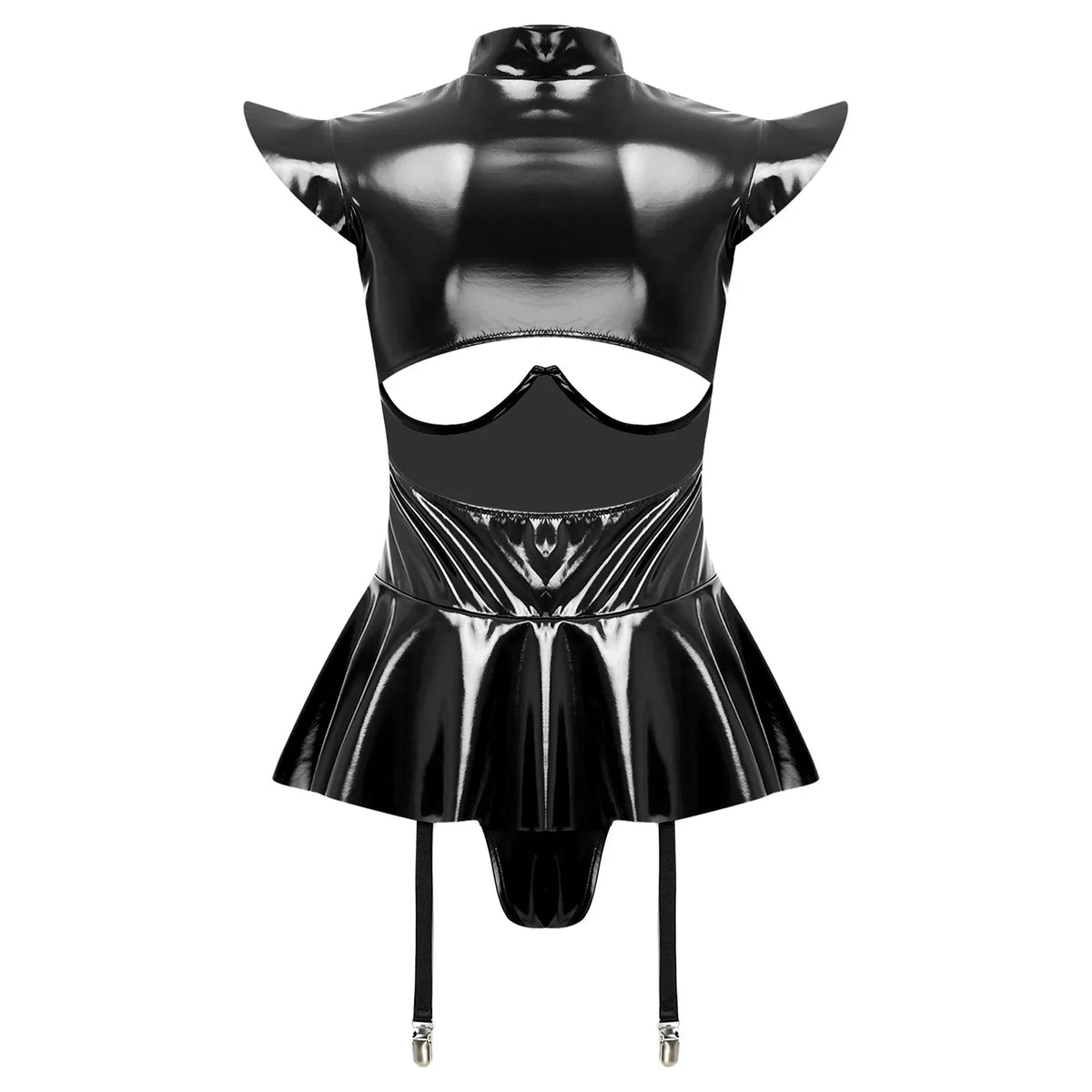 Glossy Wet-Look Halter Romper Bodysuit with Flared Skirt Hem & Integrated Garters