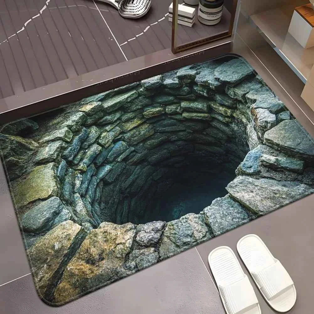 3D Optical Illusion Welcome Mat with Endless Pit Design Non-Slip Floor Mat for Unique Home Decor, Black Gray Carpet Gift