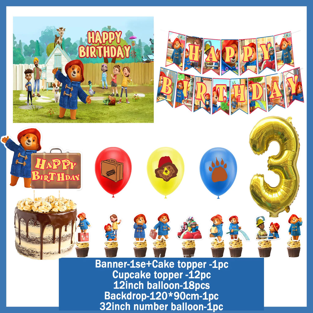 Cartoon&Paddingtons Party Supplies Happy Birthday Banner Bears Balloons Cupcake Toppers Backdrop Kids Birthday Baby Shower Gift