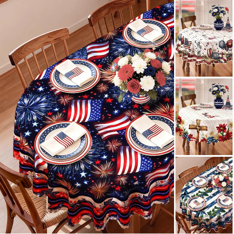 4th of July Tablecloth, Patriotic Independence Day American Flag Oval White, Blue for Outdoor BBQ Party Family Gathering