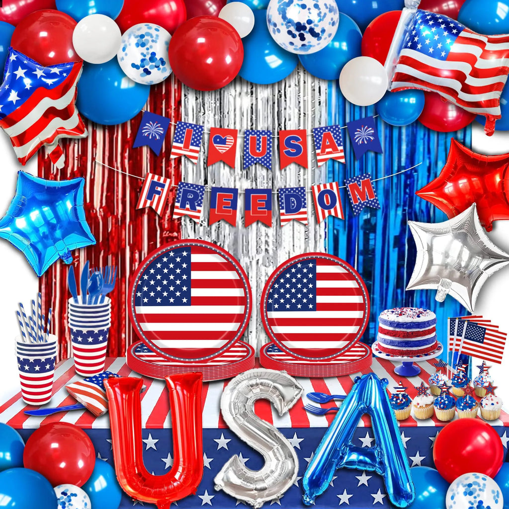 American Party Decorations Independence Day Supplies Banner Balloons Plates For USA 4th Of July Patriotic Theme Party Supplies
