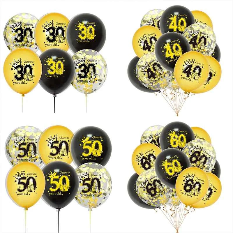 12pcs Happy Birthday Party Balloons 30th 40th 50th 60th Birthday Party Black Gold Latex Balloons Adult Birthday Party Decoration