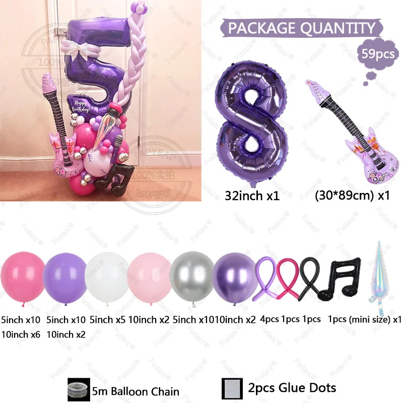59pcs Guitar Balloon Purple Numbers 1-9 Birthday Balloon Set Music Theme Party Decoration Festival Photo Props Birthday Gift
