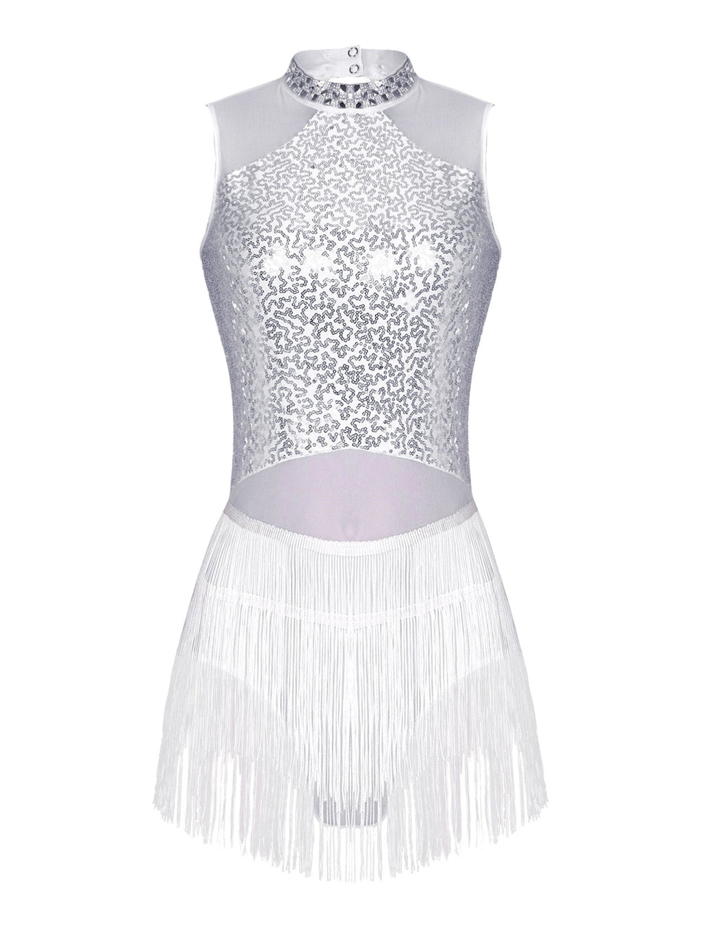 Women Sequins Diamond Latin Jazz Dance Costume Sleeveless Cutout Back Flowy Tassel Dress Leotard Tango Cha-Cha Samba Dancewear