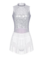 Women Sequins Diamond Latin Jazz Dance Costume Sleeveless Cutout Back Flowy Tassel Dress Leotard Tango Cha-Cha Samba Dancewear