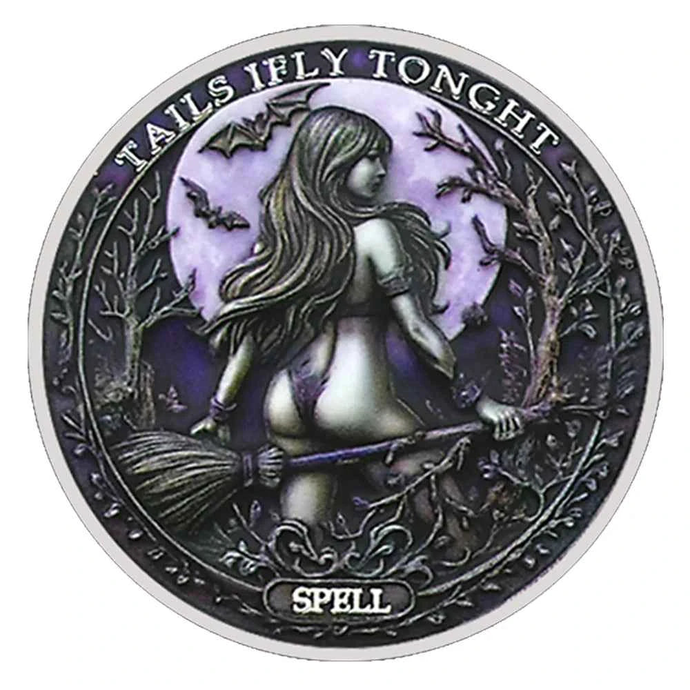 Tails I Fly Tonight" Witch Challenge Coin – Moon Rider Spellbound Collectible, 40mm Fantasy Magic Coin Gift