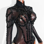 Rhinestone Mesh Jumpsuit Costume Set