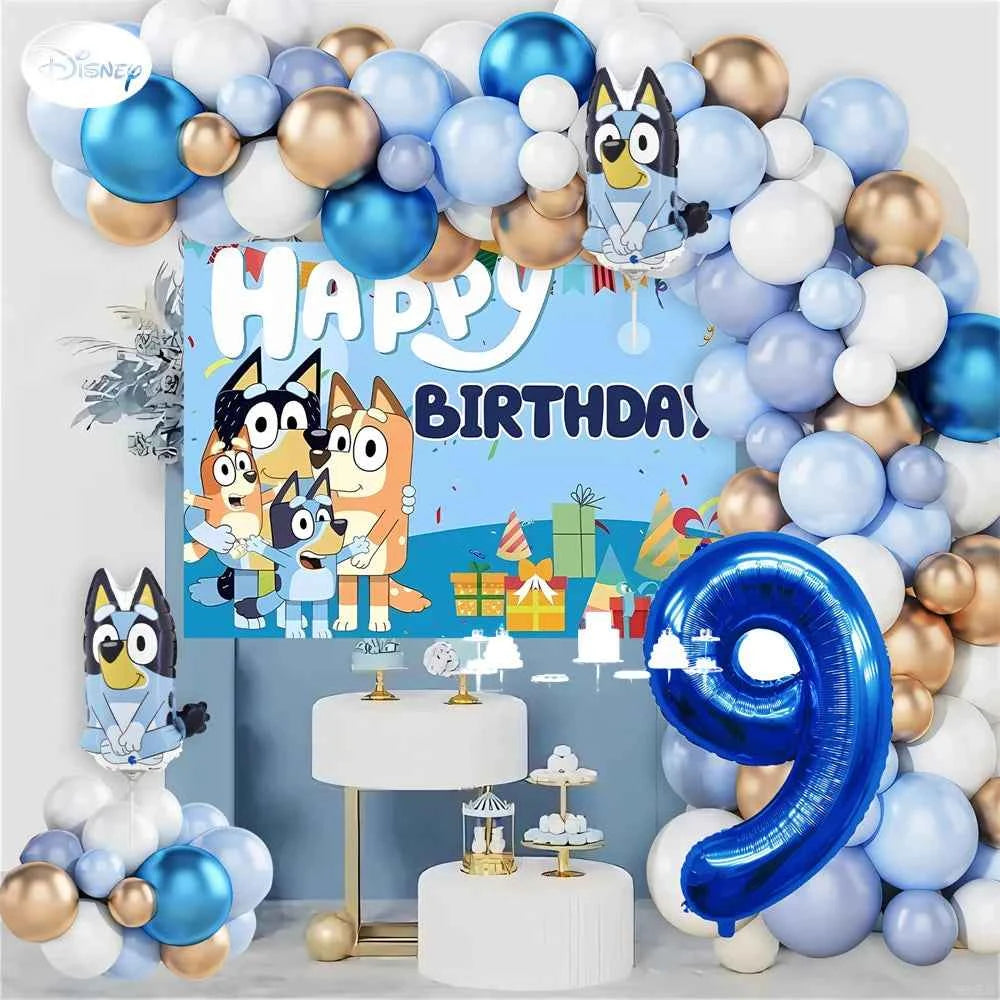 Bluey Birthday Party Decorations Balloon Garland Kit with Bluey Foil Balloons & Happy Birthday Backdrop for Kids Party Supplies