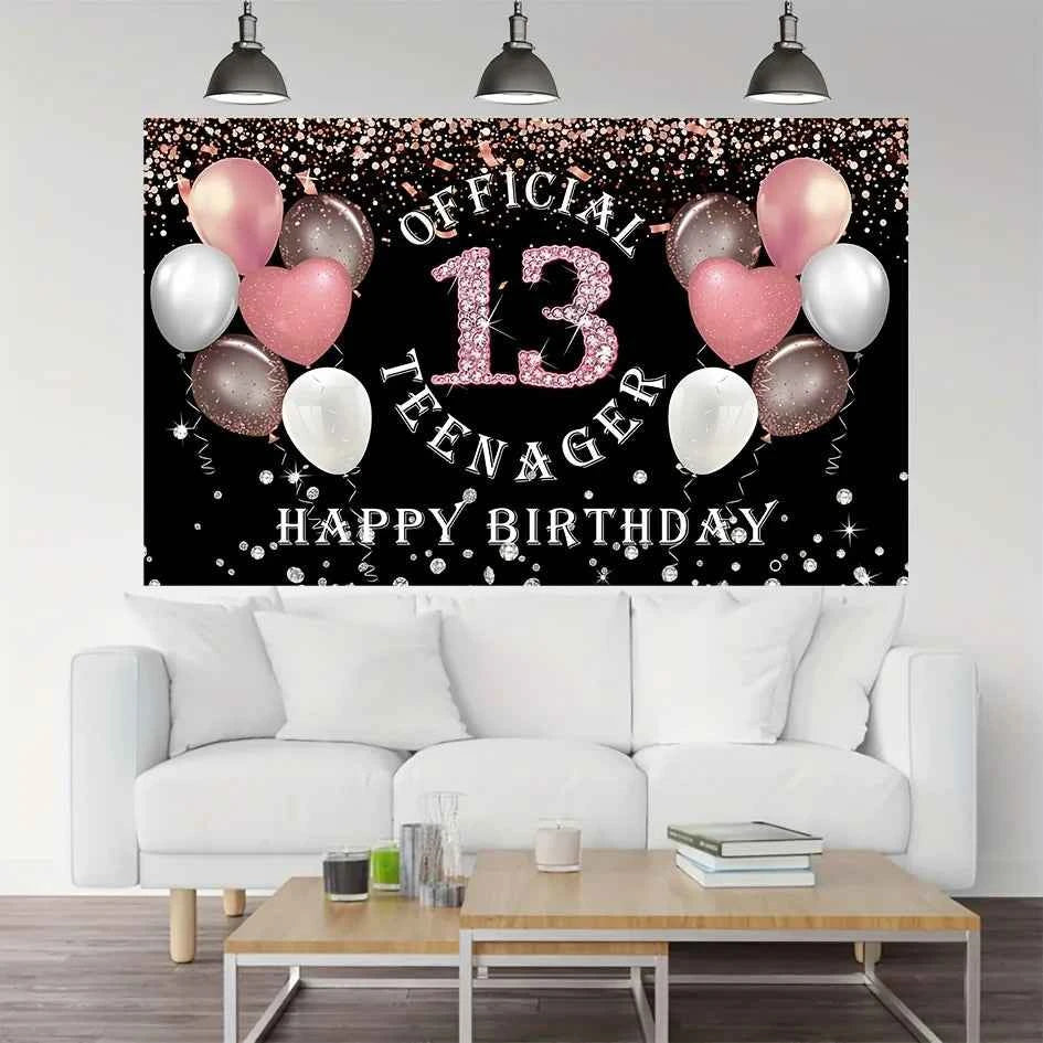 Rose gold girl's 13th birthday decoration, birthday party supporting photography background, 13th birthday party supplies