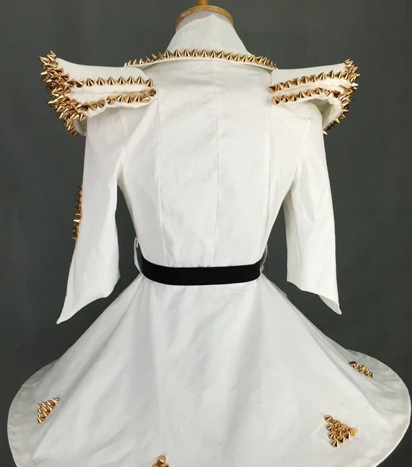 White Faux Leather Studded Stage Dress & Fluffy Skirt Pop Singer Costume Set