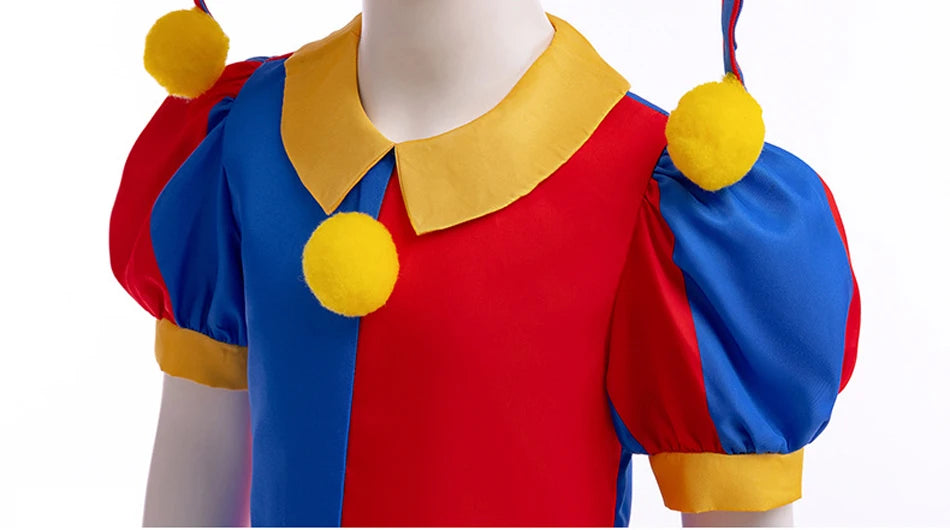 Boys Girls Clown Cosplay Costume Kids Pom Pom Jester Outfit for Halloween Carnival Show - Big Tim's Magic Emporium