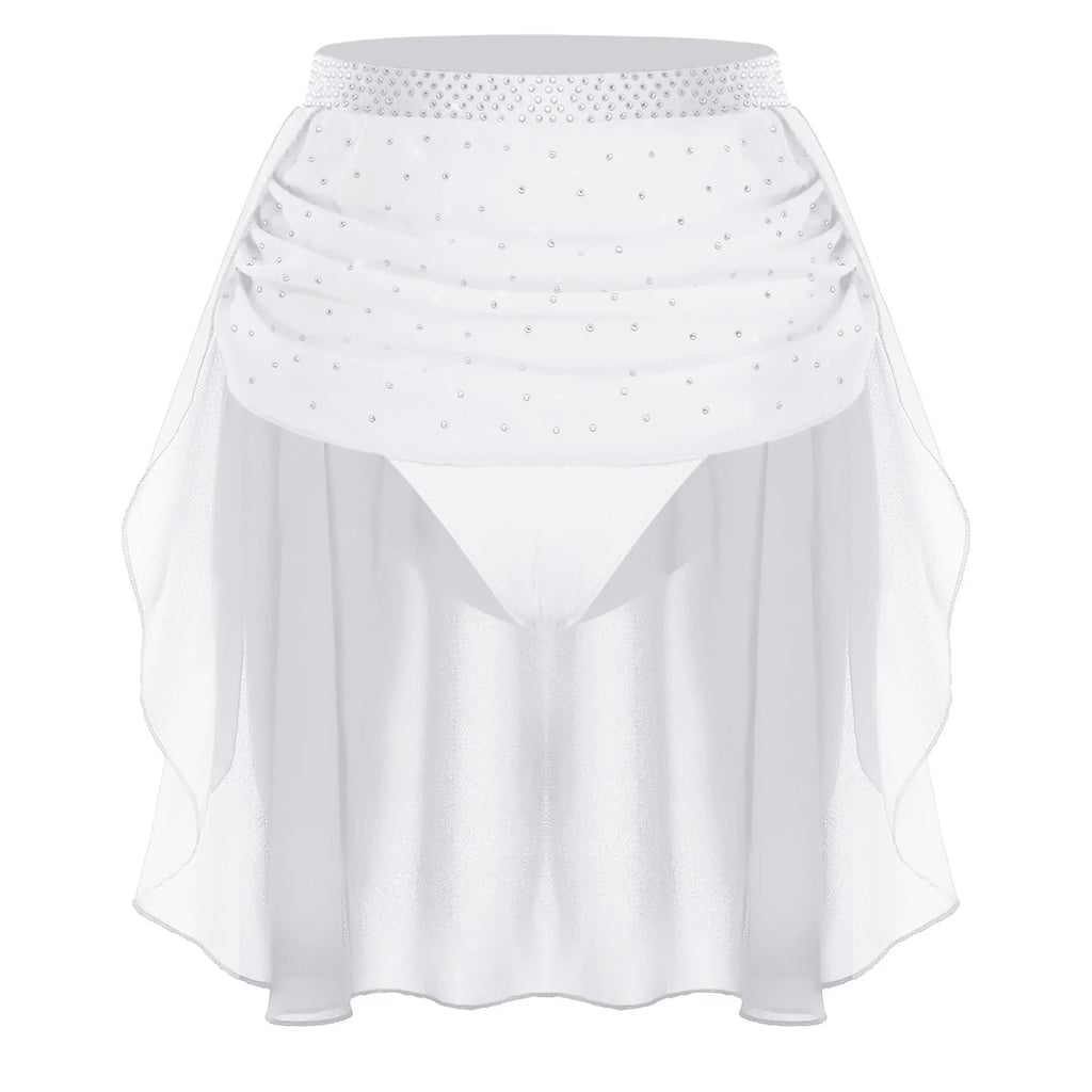 Womens Modern Lyrical Dance Skirt Performance Costume Sparkly Rhinestone Irregular Chiffon Hem Built-in Briefs Skirt Dancewear