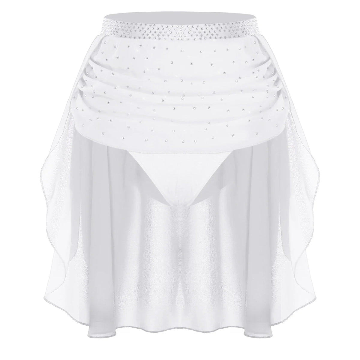 Womens Modern Lyrical Dance Skirt Performance Costume Sparkly Rhinestone Irregular Chiffon Hem Built-in Briefs Skirt Dancewear