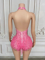Crystal Rhinestone Fringe Sleeveless Bodysuit & Aerial Dance Leotard Costume