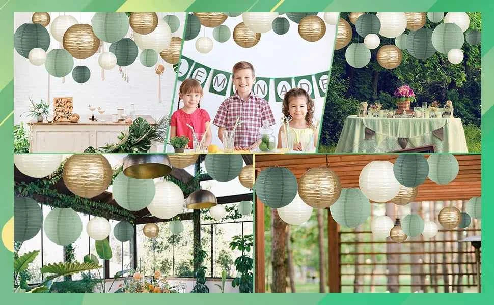 Paper Lanterns Decorations for Rustic Party Bridal Shower Wedding Sage Green Birthday Party Supplies Gold/Ivory/Sage Green 15pcs