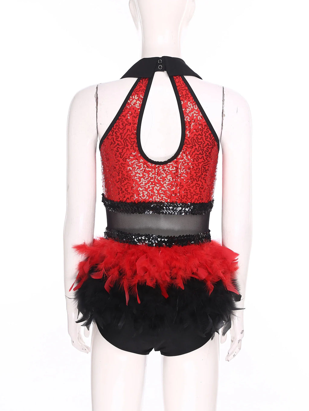 Women's Shiny Sequin Sheer Mesh Feather Latin Jazz Dance Bodysuit