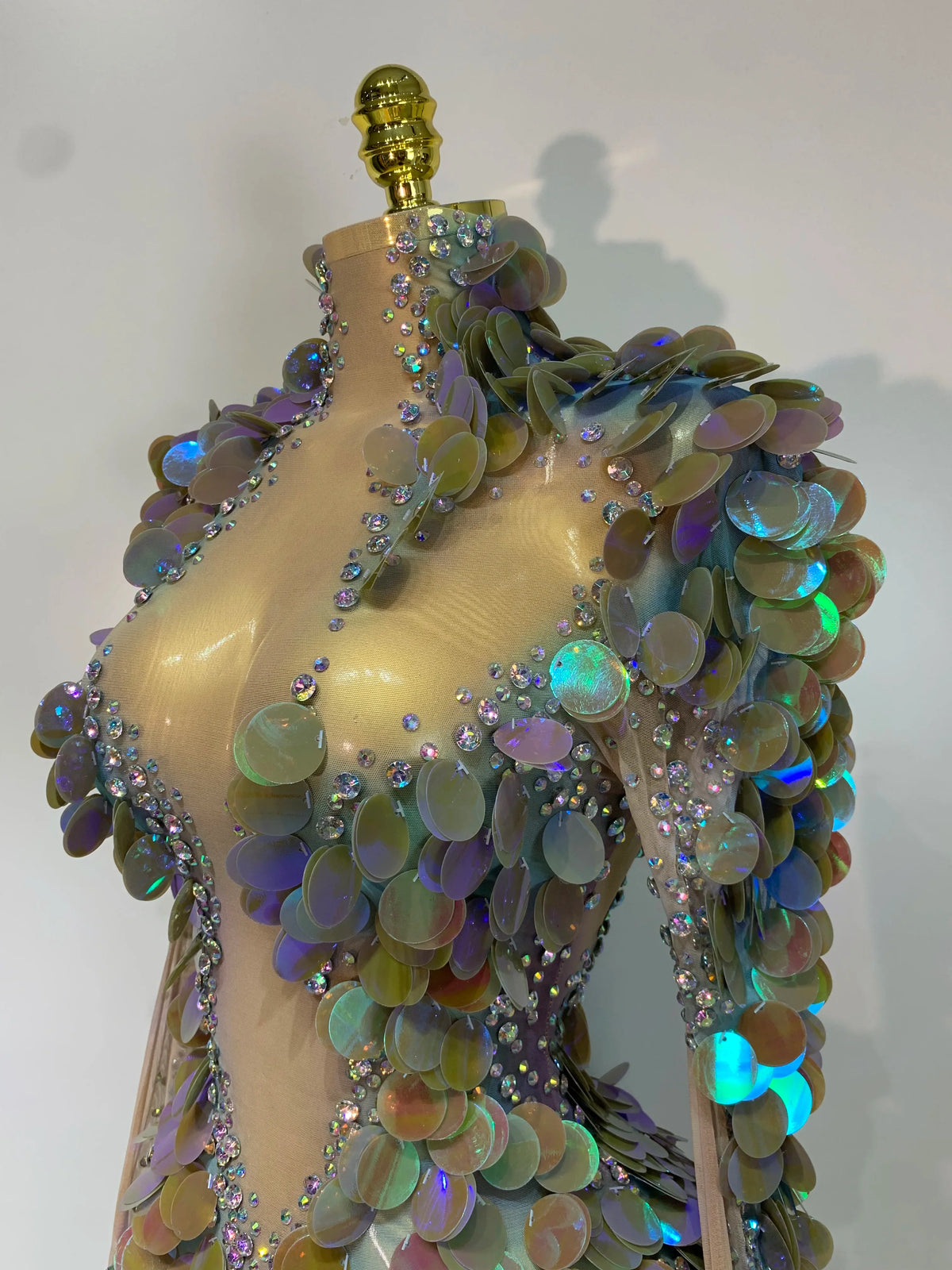 Iridescent Mermaid Scale Sequin & Rhinestone Illusion Bodysuit Stage Costume