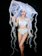 Pearl & Crystal Bustier Bikini Set & LED Illuminated Jellyfish Tentacle Headdress Stage Costume