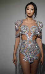 Sparkly Silver Rhinestone Sheer Cape Dress Stage Costume