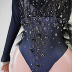 Black Rhinestone One-Shoulder Bodysuit & Trailing Tulle Train Stage Costume Set