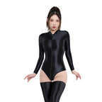 Zipper Open Crotch High Cut Oil Glossy Bodysuit Satin Sheer Maid Leotard