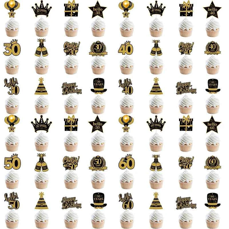 30th 40th 50th 60th Birthday Party Cake Toppers Black Gold Birthday Party Cake Decoration 18 30 40 50 60 Year Birthday Supplies