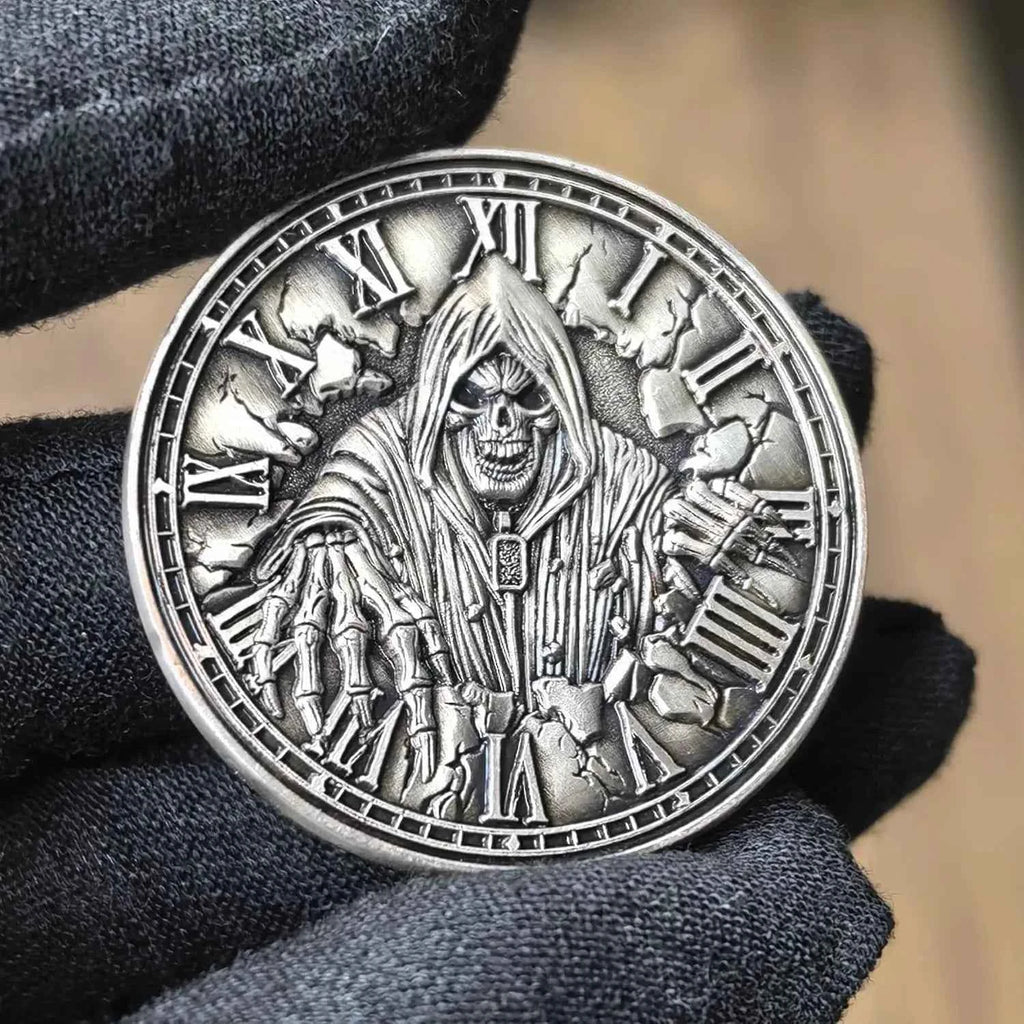 Memento Mori Challenge Coin - Skull & Hourglass Design, Carpe Diem, Roman Numerals, Motivational Coin for Life Reminders