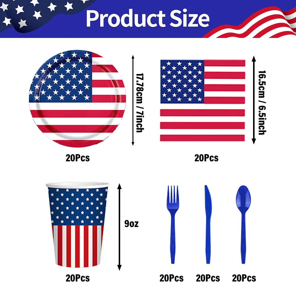 120 Pcs American Flag Disposable Tableware Plates, Cups, Napkins For USA Patriotic Theme Party, 4th Of July, Independence Day