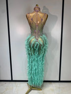 Mint Green Ombré Rhinestone Illusion Gown Tiered Ruffle Hem Maxi Stage Dress