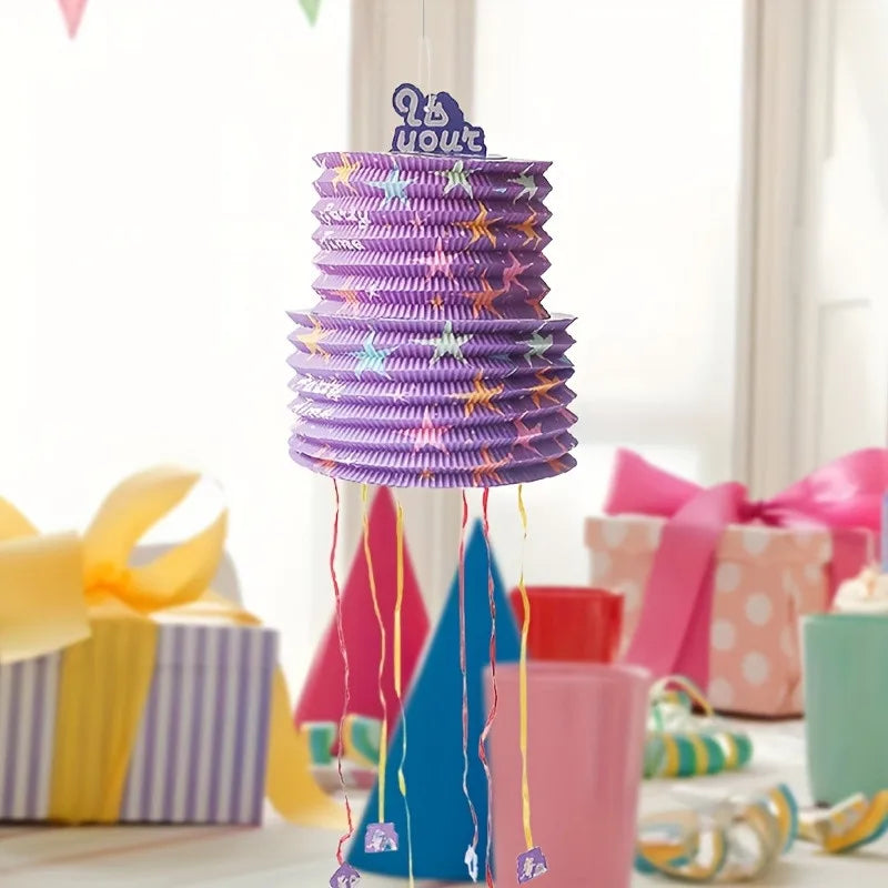 Purple Pull String Piñata Small Lantern Foldable Style Candy Smashing Game for Birthday Party Carnival Themed Events Supplies