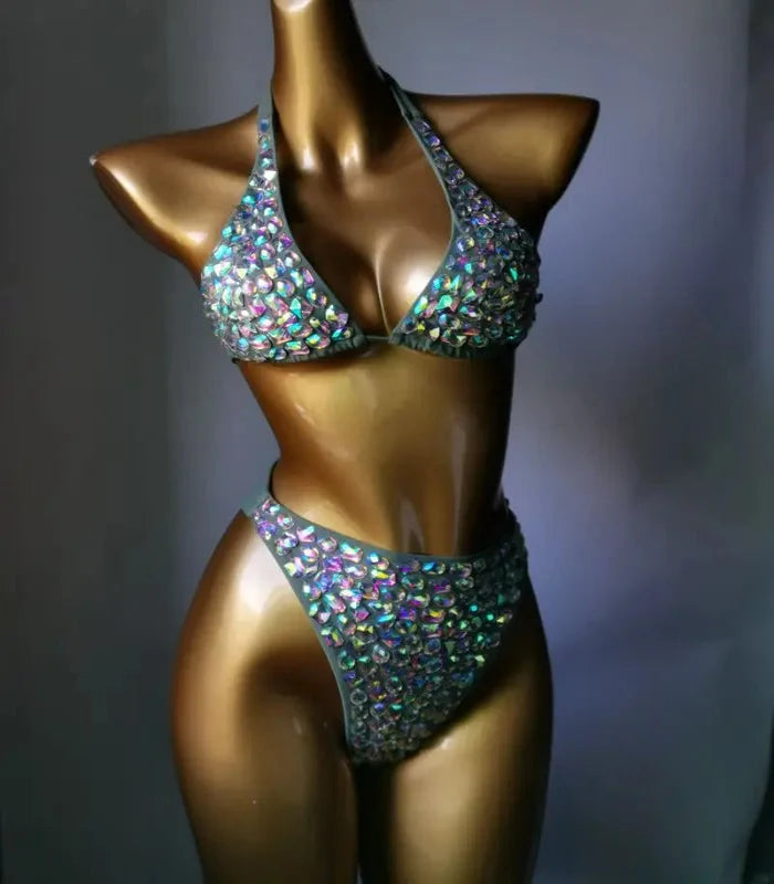 Nightclub Bar Sexy Disco Pole Dance Crystal Bikini Costume DJ Dancer Club Party Rave Outfit Pink Rhinestones Bra Set Stage Wear