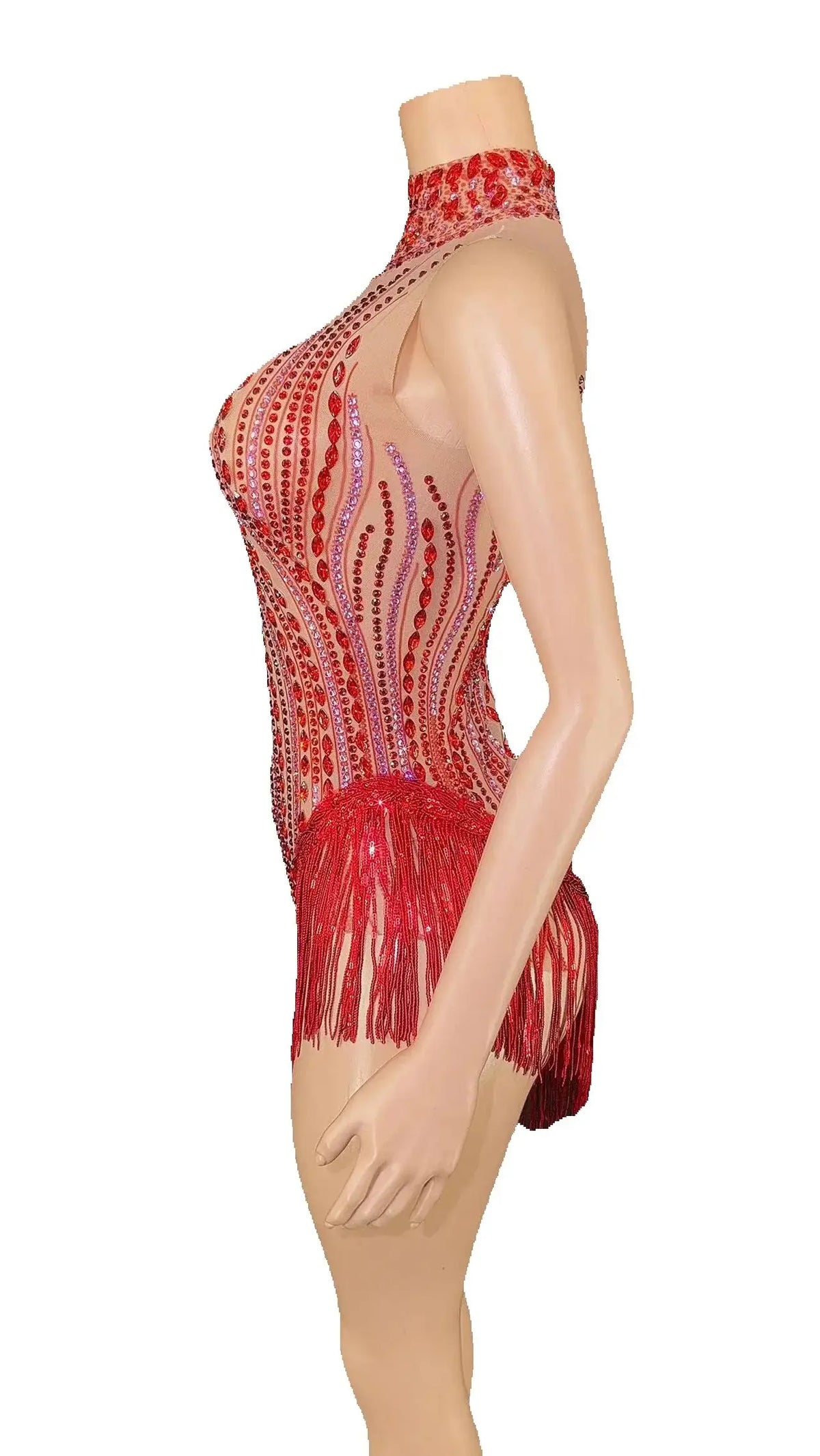Sparkly Rhinestone, Sequin & Fringe Sleeveless Bodysuit Stage Performance Costume