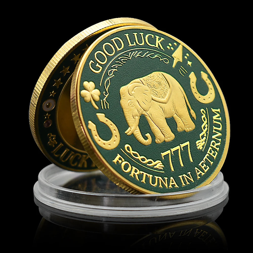 Lucky Coin Four Leaf Clover Elephant Good Luck 777 Commemorative Coin Horseshoe Fortune Token Collectible replica Gift