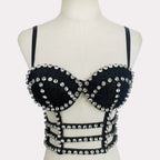 Studded Denim Bustier Crop Top Studded Punk Style Stage Costume Top