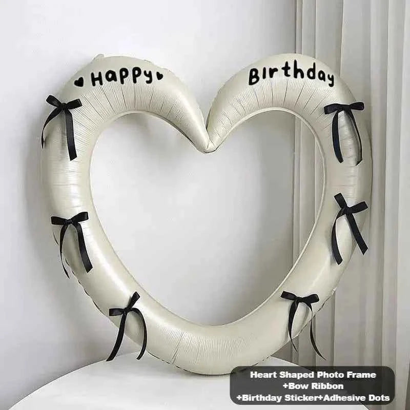 Happy Birthday Heart Photo Frame Balloon with Bowknot Stickers Girlsfriend Birthday Party Photo Props Wedding Ballon Decoration