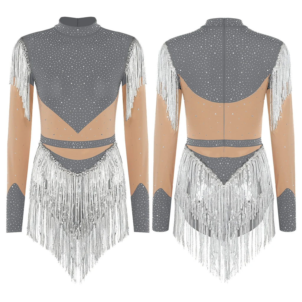 Rhinestone Sequin Tassel Long Sleeve Dance Jumpsuit Bodysuit