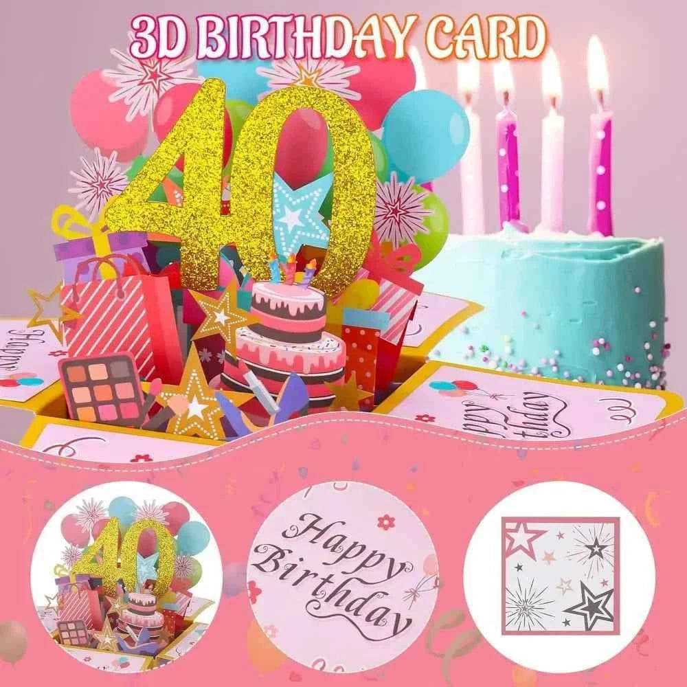 Happy Birthday Greeting Card With Envelope 3D Gift Box 18/30/40/50/60th Years Old Birthday Wishes Message Card Party Gift