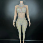 Women's Rhinestone Mesh Jumpsuit | Sheer Party & Stage Outfit